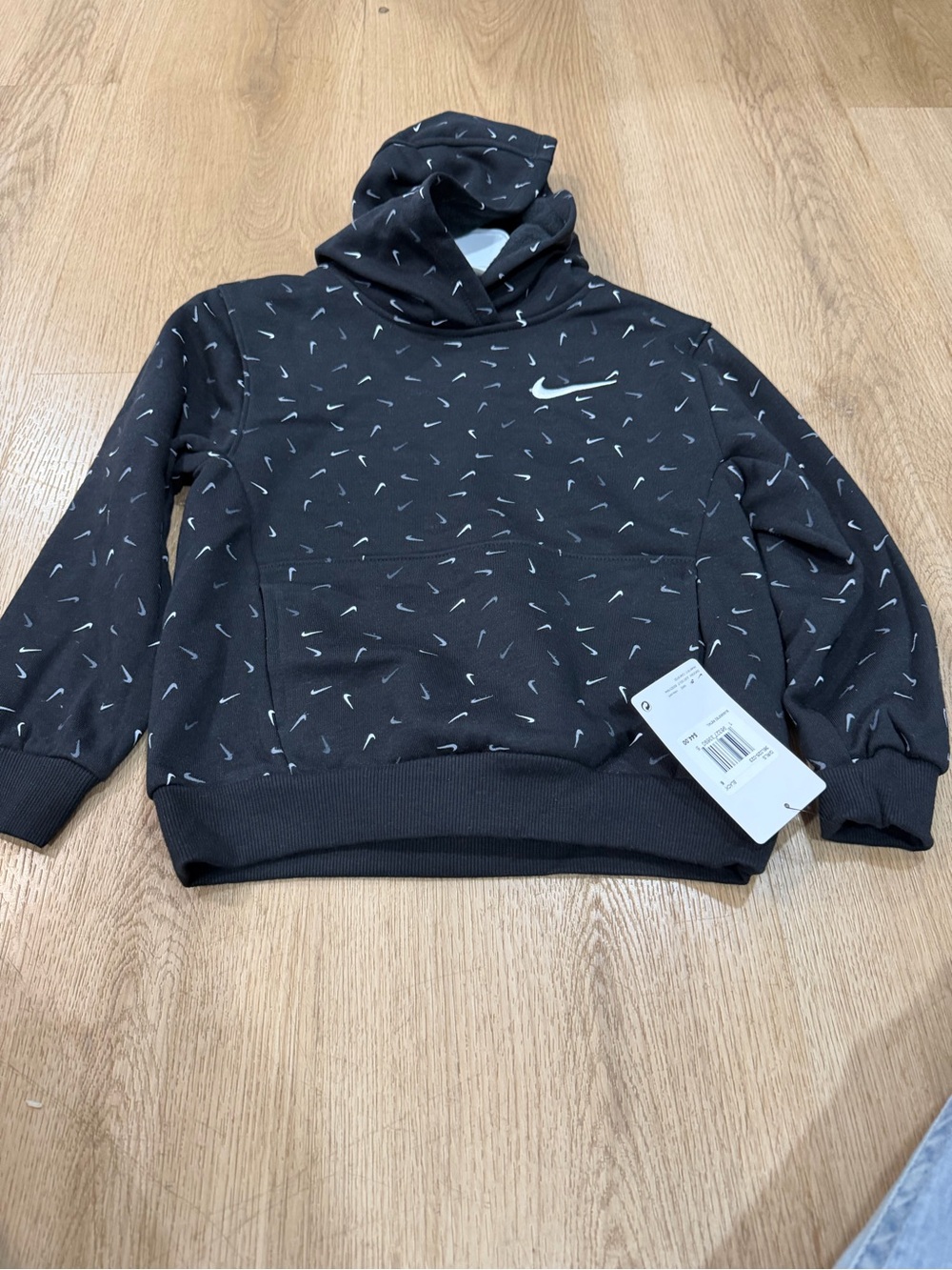 Girls Nike Black Crewneck Hoodie with White Micro-Swoosh Print